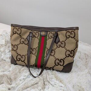 Authentic Gucci Ophidia Jumbo GG Medium Tote in Camel/Ebony